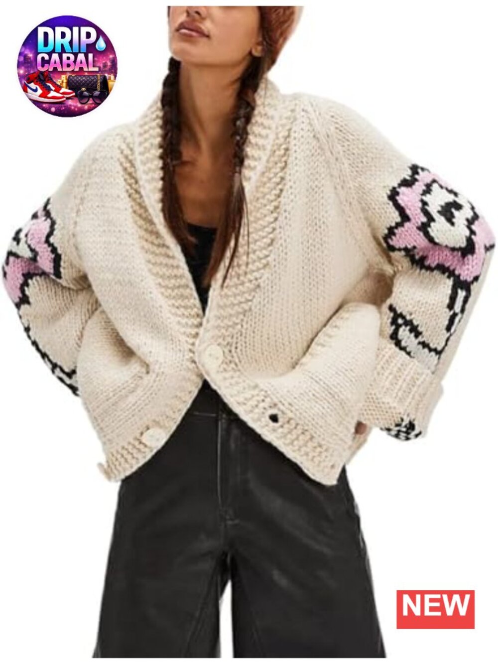 Oversized Chunky Knit Cardigan Women 2025 Floral Sleeve V-Neck Button Down